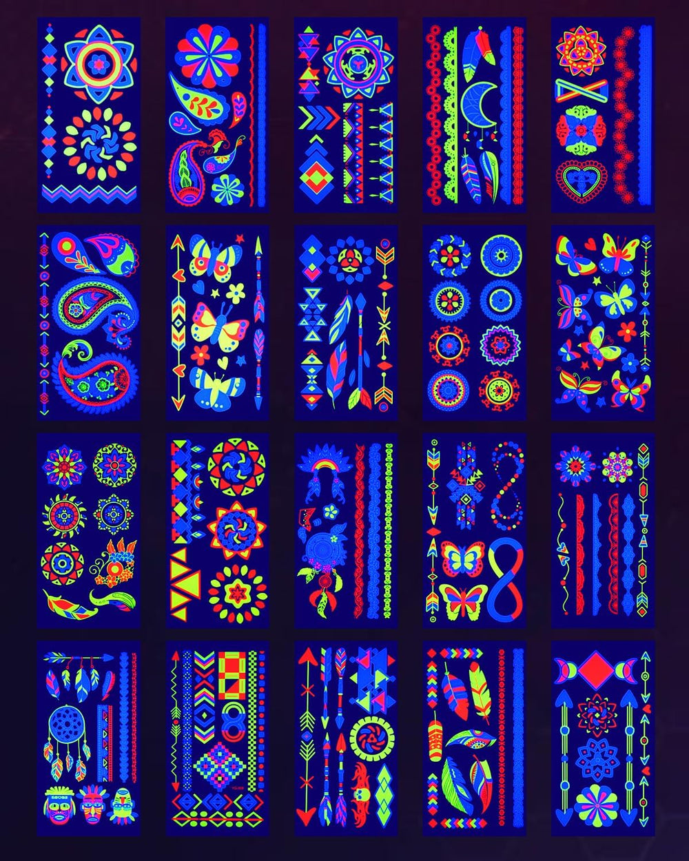 Ozepao neon UV glow tattoo designs brighten parties under blacklight for striking visuals