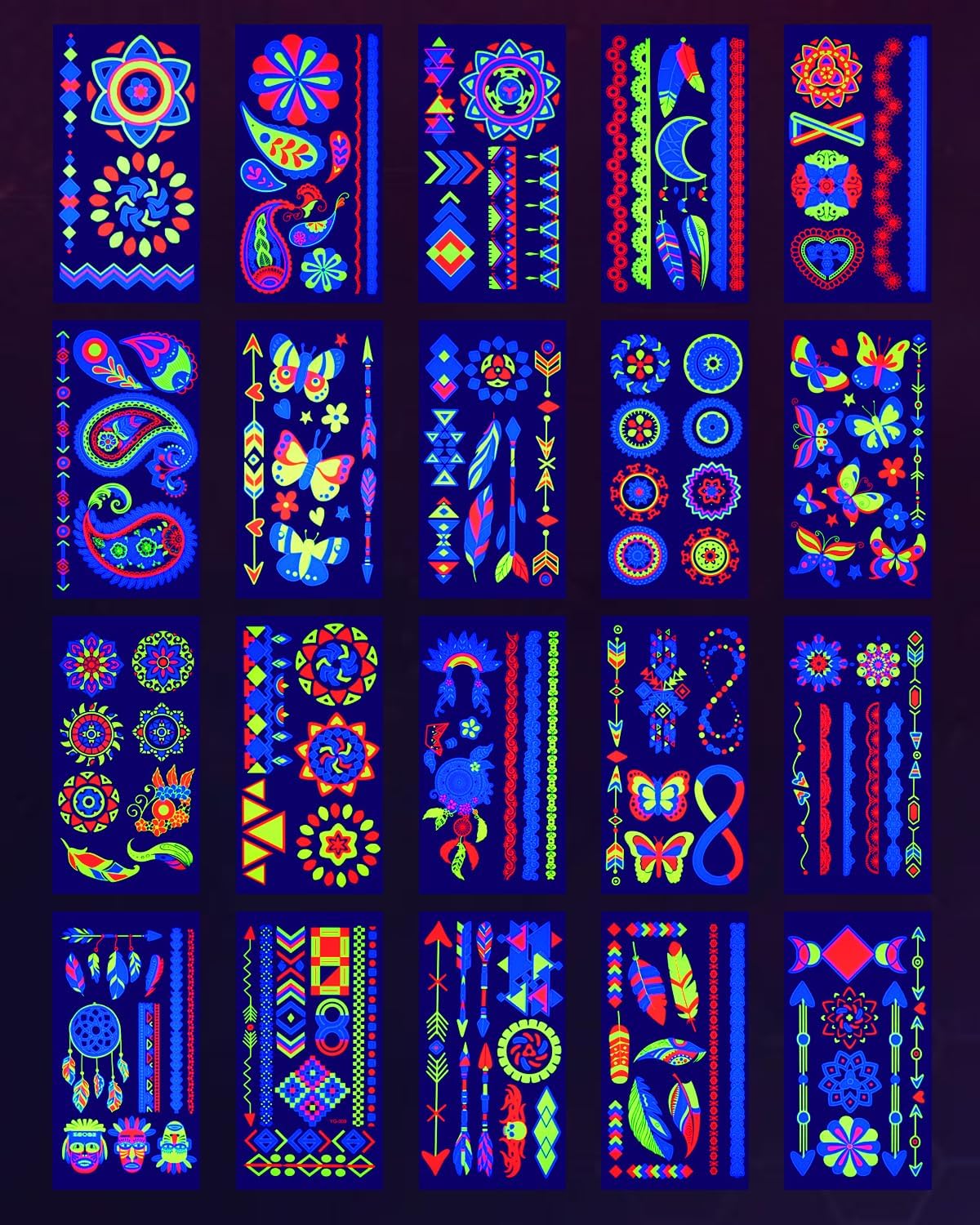 Ozepao neon UV glow tattoo designs brighten parties under blacklight for striking visuals