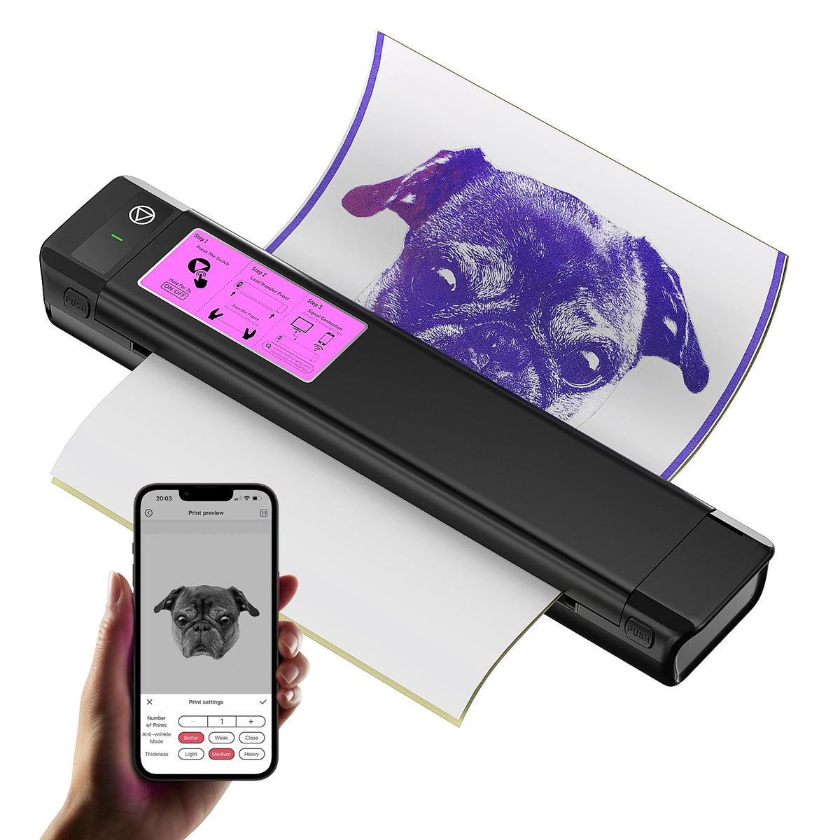 OZER M08Pro front view showing compact cordless tattoo printer for studio use