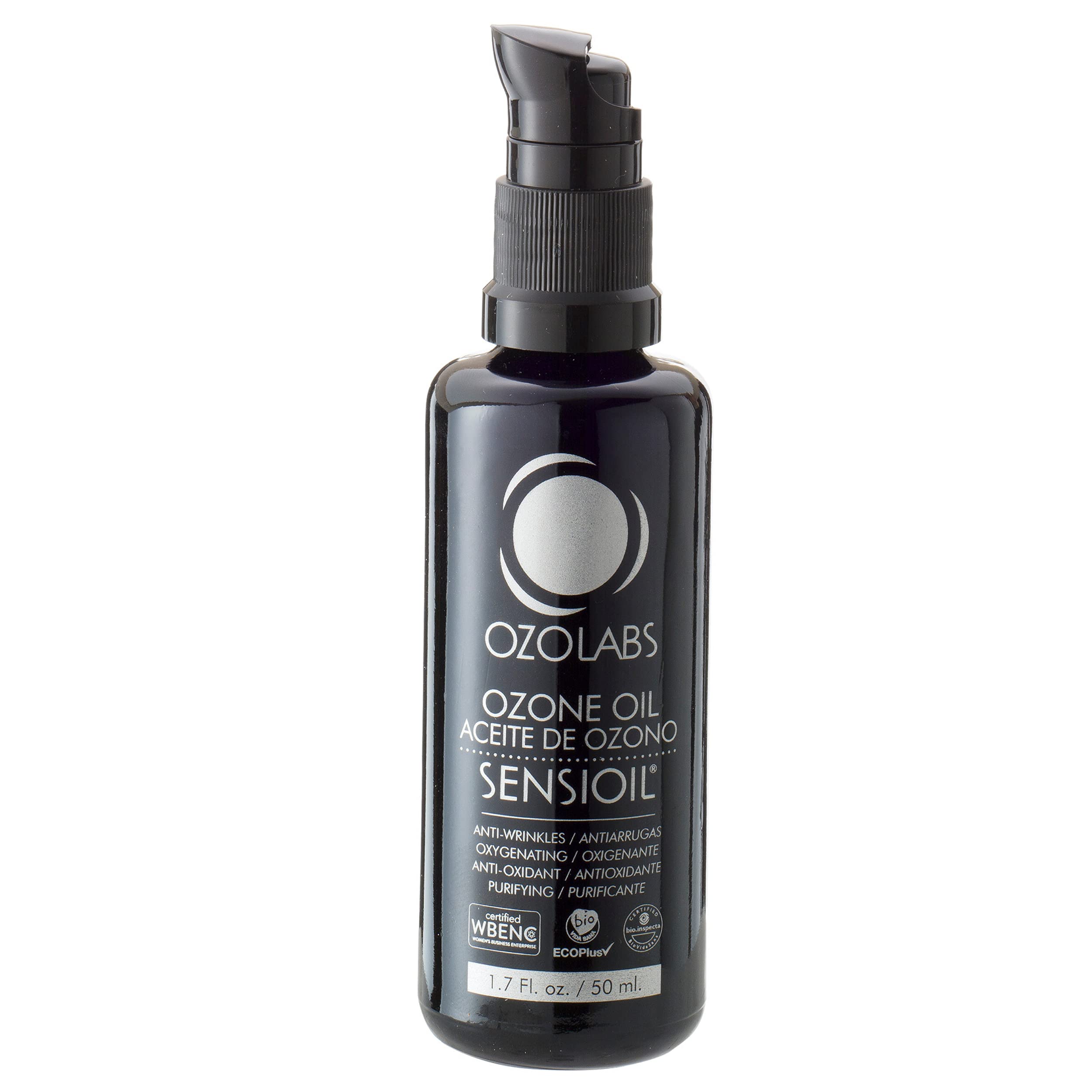 OZOLABS SENSIOIL ingredients label highlights premium ozonated olive and sunflower oils.
