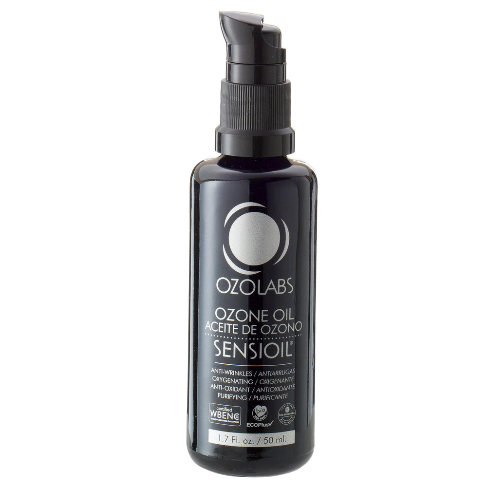 OZOLABS SENSIOIL ingredients label highlights premium ozonated olive and sunflower oils.