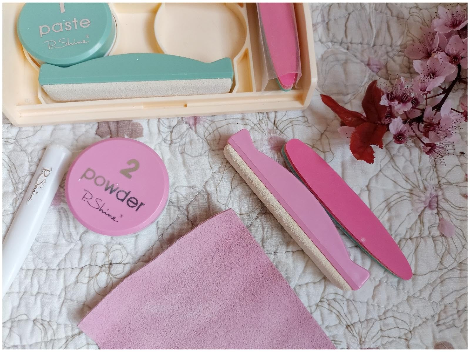 P.Shine step-1 application with green paste smooths surface and hydrates nails.