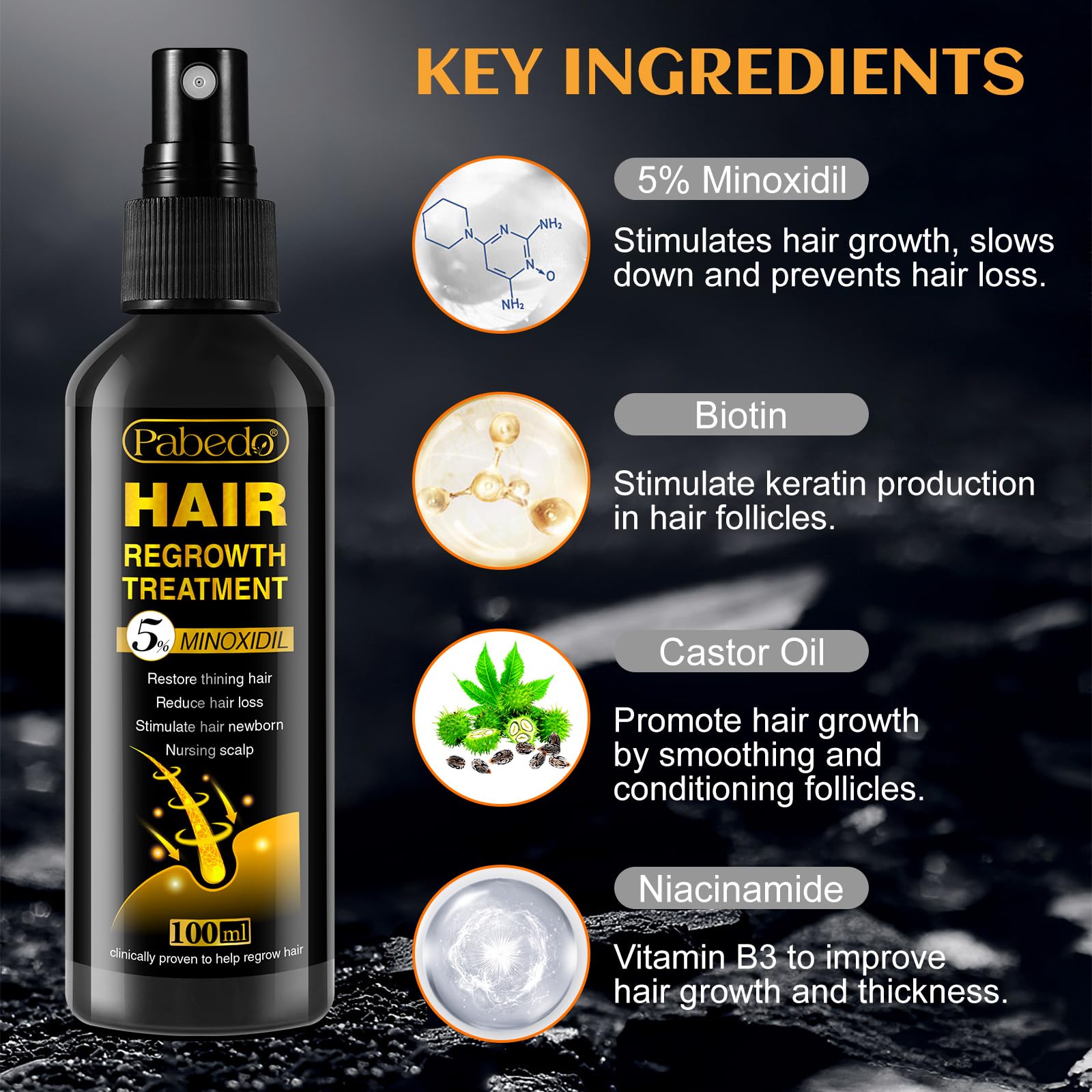 Pabedo 5% Minoxidil spray application enables easy daily use.