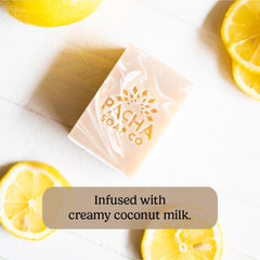 Pacha Soap Co coconut lemon bar closeup highlights creamy coconut milk texture.
