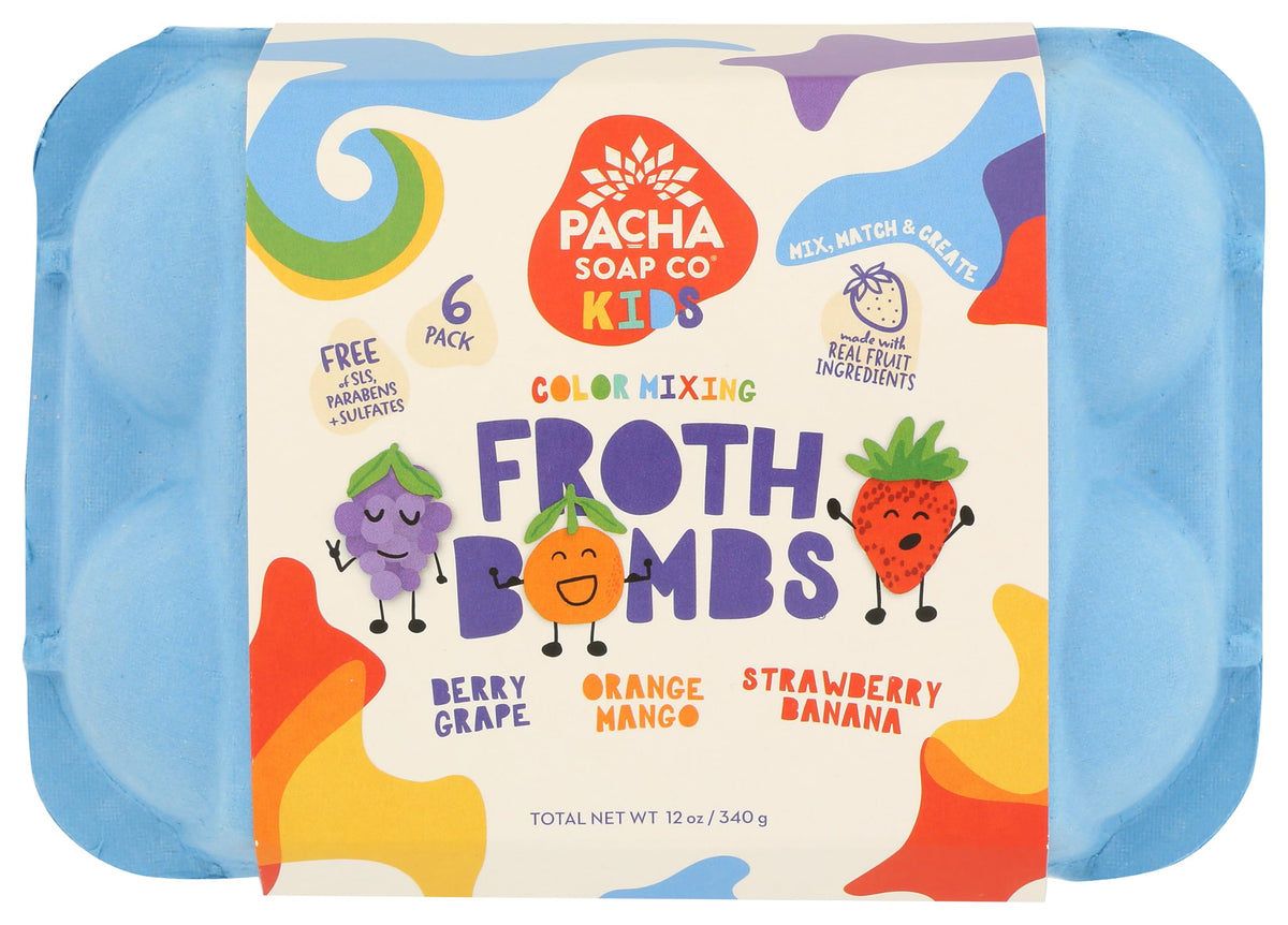 Pacha Soap Co color-changing froth bomb 6-count pack shows color shifts in bath
