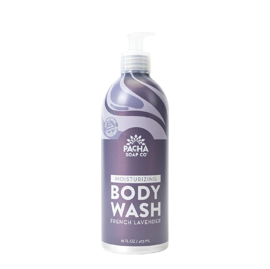 Pacha Soap Co French Lavender Body Wash bottle promotes a calming, spa-like shower experience.