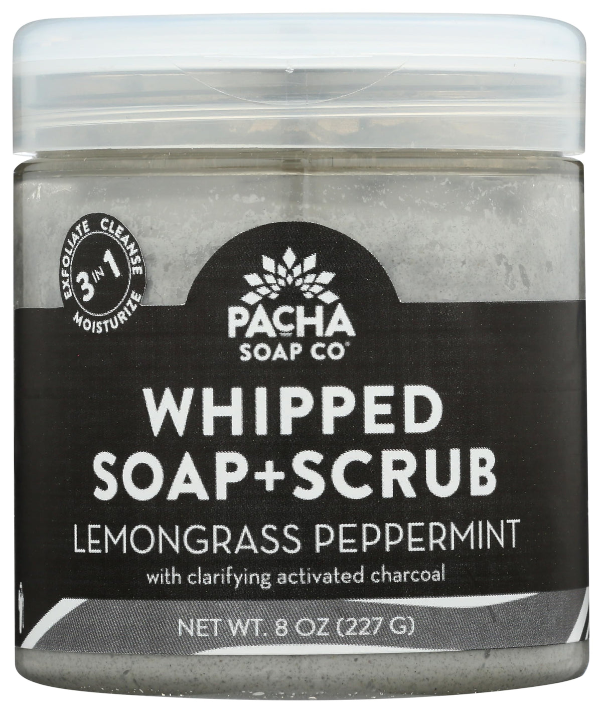 Pacha Soap Co Lemongrass Peppermint whipped scrub jar for gentle exfoliation.