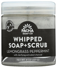 Pacha Soap Co Lemongrass Peppermint whipped scrub jar for gentle exfoliation.