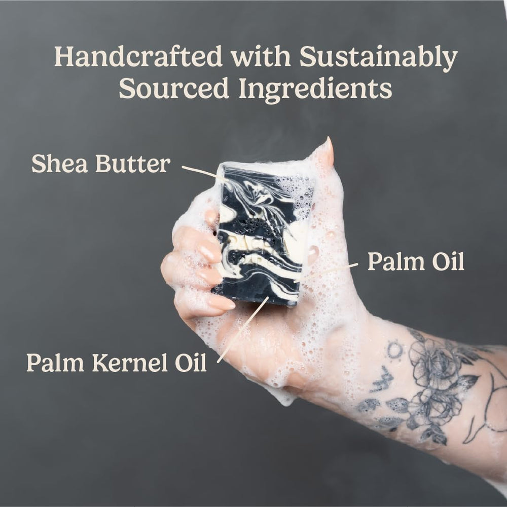 Pacha Soap Co Made-in-USA charcoal bar conveys quality and ethical production.