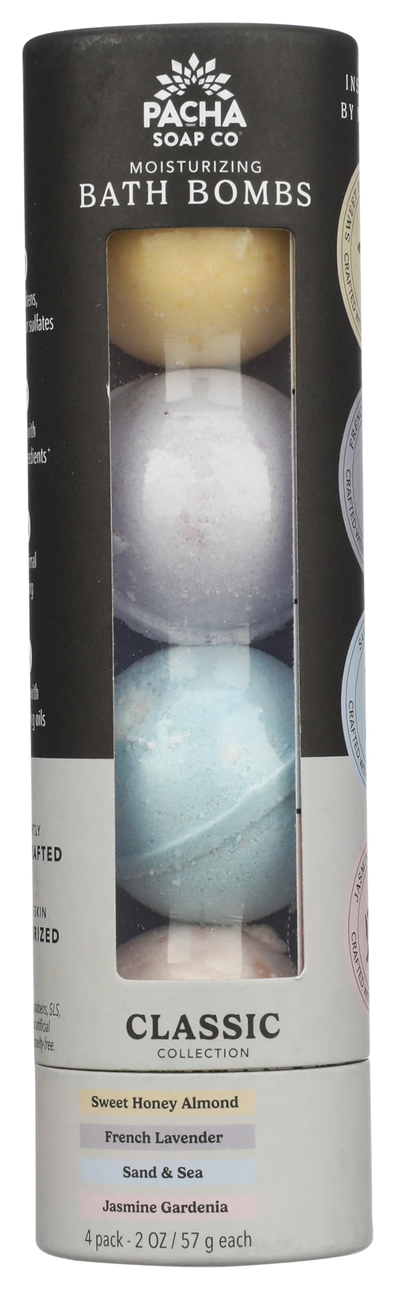 Pacha Soap Co Pacha Peaces Froth Bomb variety pack front view with spa-like foam