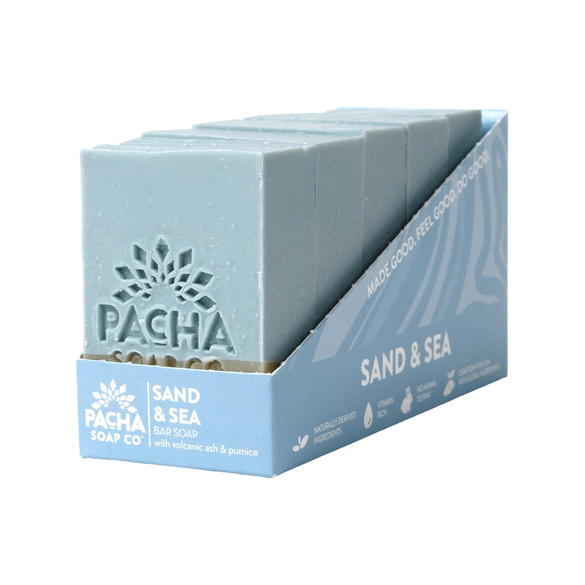 Pacha Soap Co. Sand and Sea bar close-up shows sea salt exfoliation and creamy lather