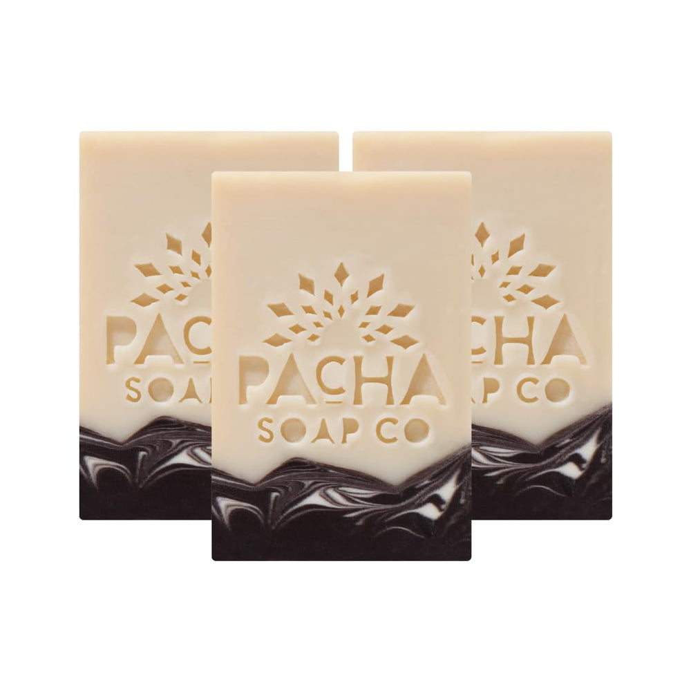 Pacha Soap Co. Santal & Amber bar front label highlights premium cleansing and light fragrance.