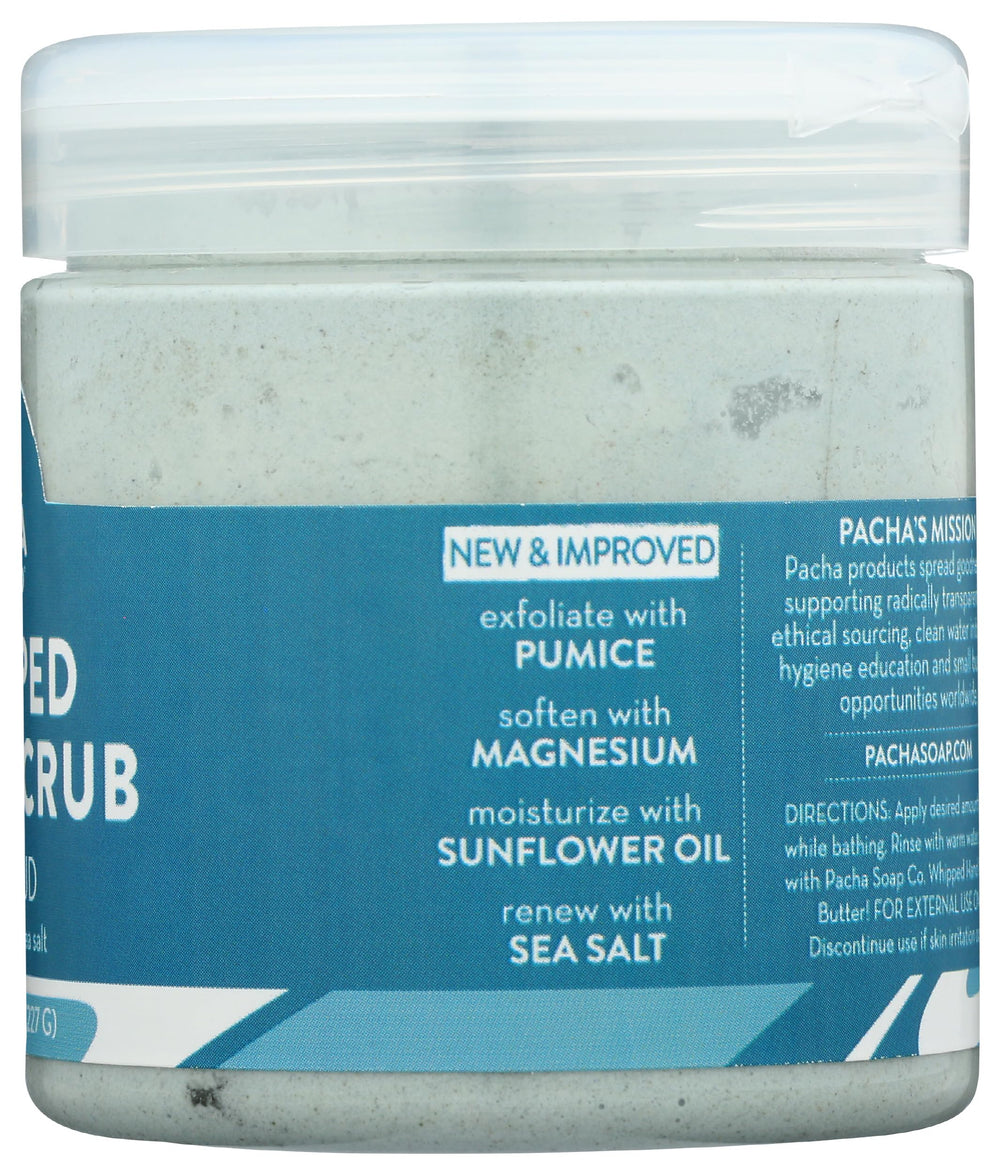 Pacha Soap Co Sea Mud Whipped Soap Scrub application shown on arm for gentle exfoliation.