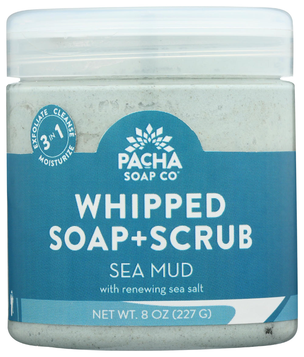 Pacha Soap Co Sea Mud Whipped Soap Scrub bottle shows creamy exfoliating texture.