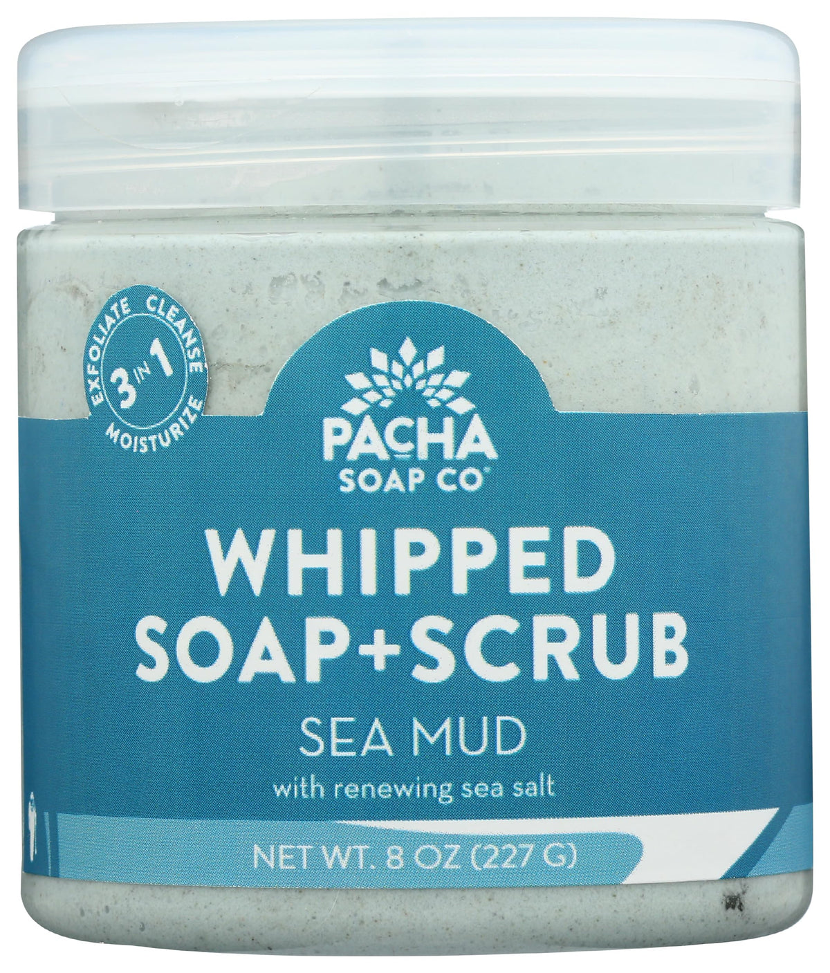 Pacha Soap Co Sea Mud Whipped Soap Scrub bottle shows creamy exfoliating texture.