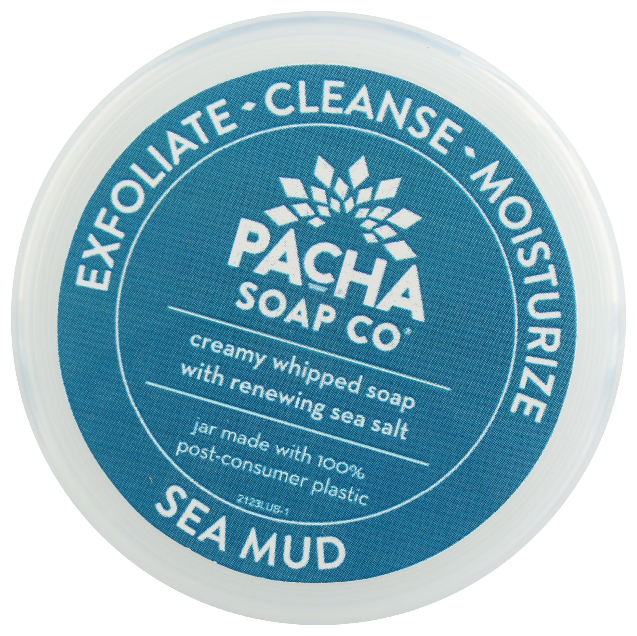 Pacha Soap Co Sea Mud Whipped Soap Scrub packaging label emphasizes cruelty-free approach.