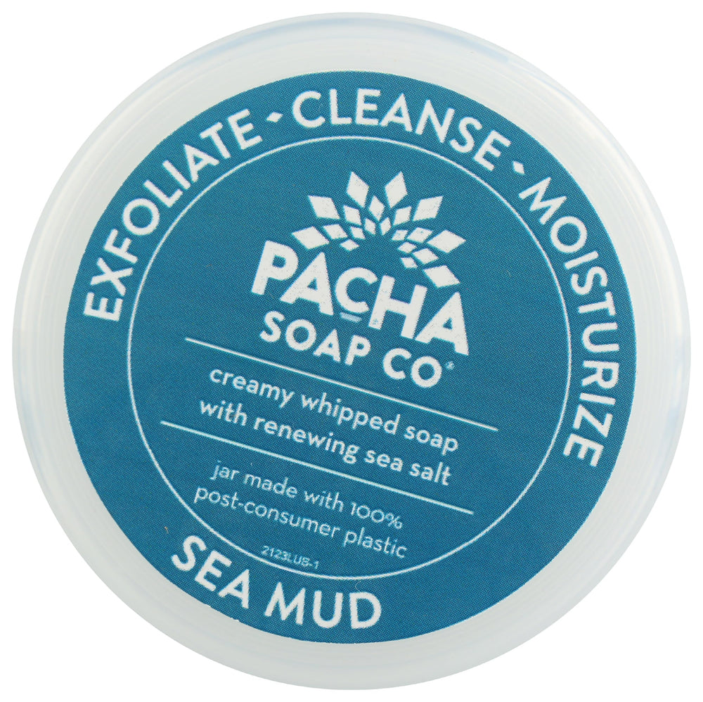 Pacha Soap Co Sea Mud Whipped Soap Scrub packaging label emphasizes cruelty-free approach.