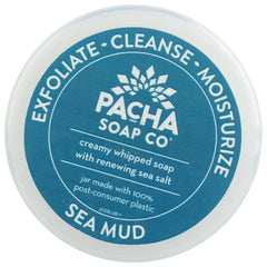 Pacha Soap Co Sea Mud Whipped Soap Scrub packaging label emphasizes cruelty-free approach.