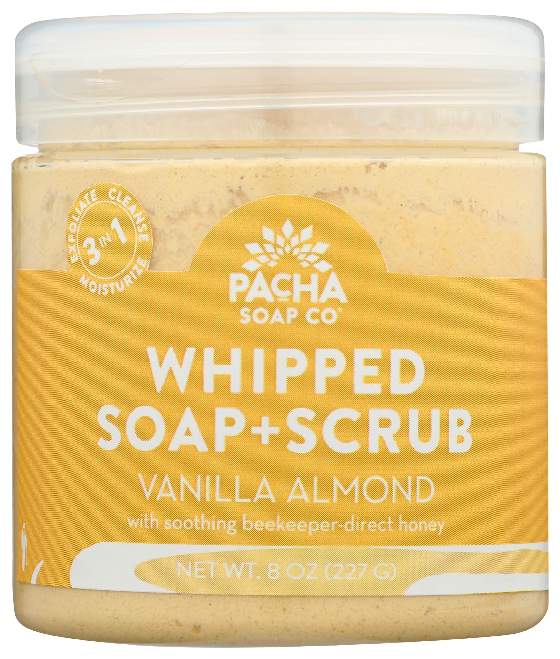 Pacha Soap Co Vanilla Almond Whipped Soap Scrub jar with creamy texture for exfoliation