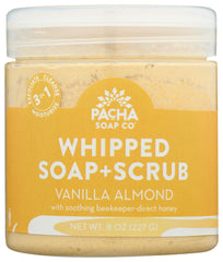 Pacha Soap Co Vanilla Almond Whipped Soap Scrub jar with creamy texture for exfoliation