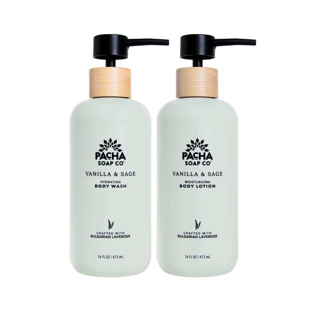 Pacha Soap Co vanilla sage bottle for a hydrating shower cleanse