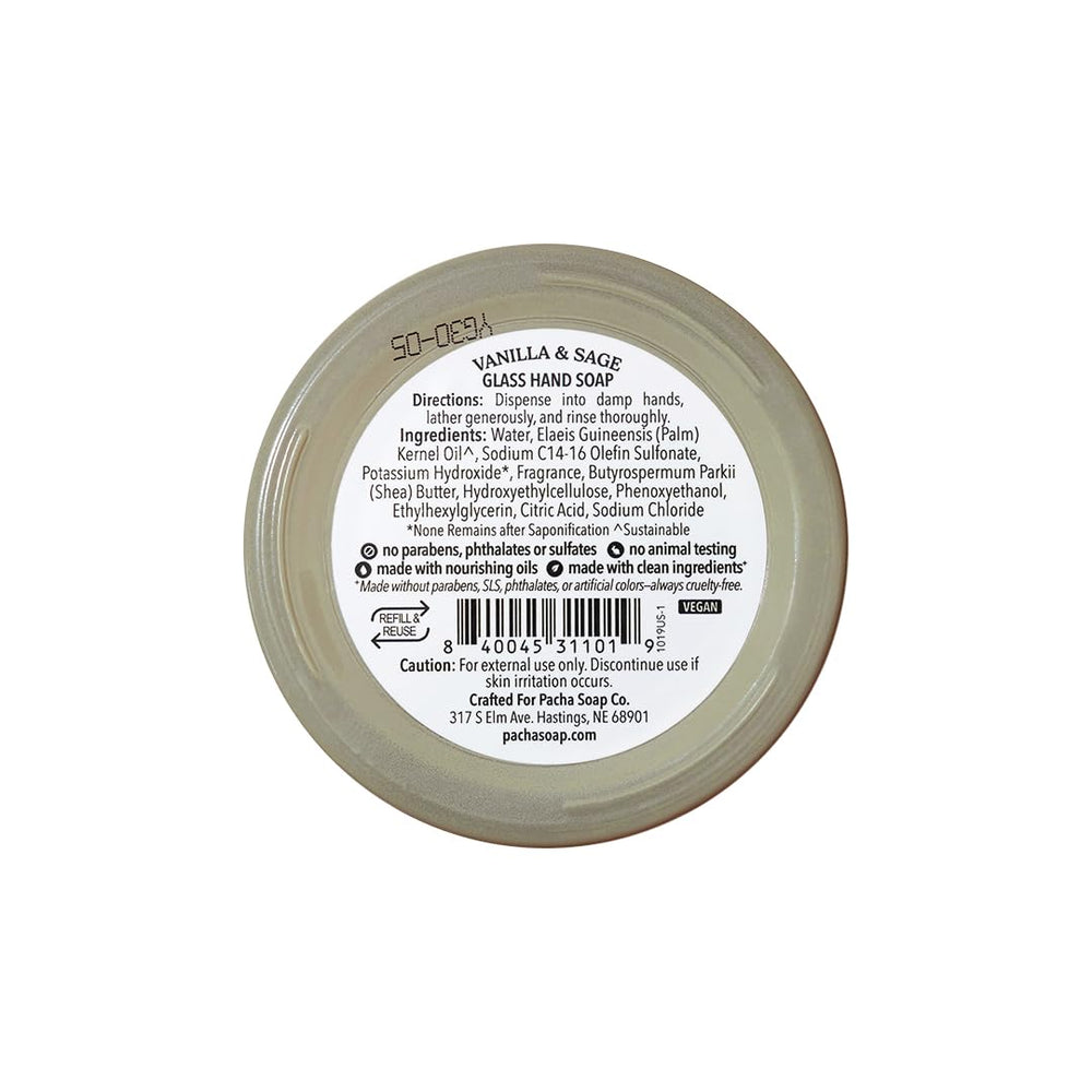 Close-up of Vanilla & Sage label on Pacha Soap Co bottle