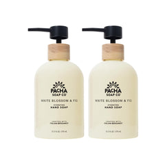 Pacha Soap Co. White Blossom & Fig bottle pouring for hydrated hands