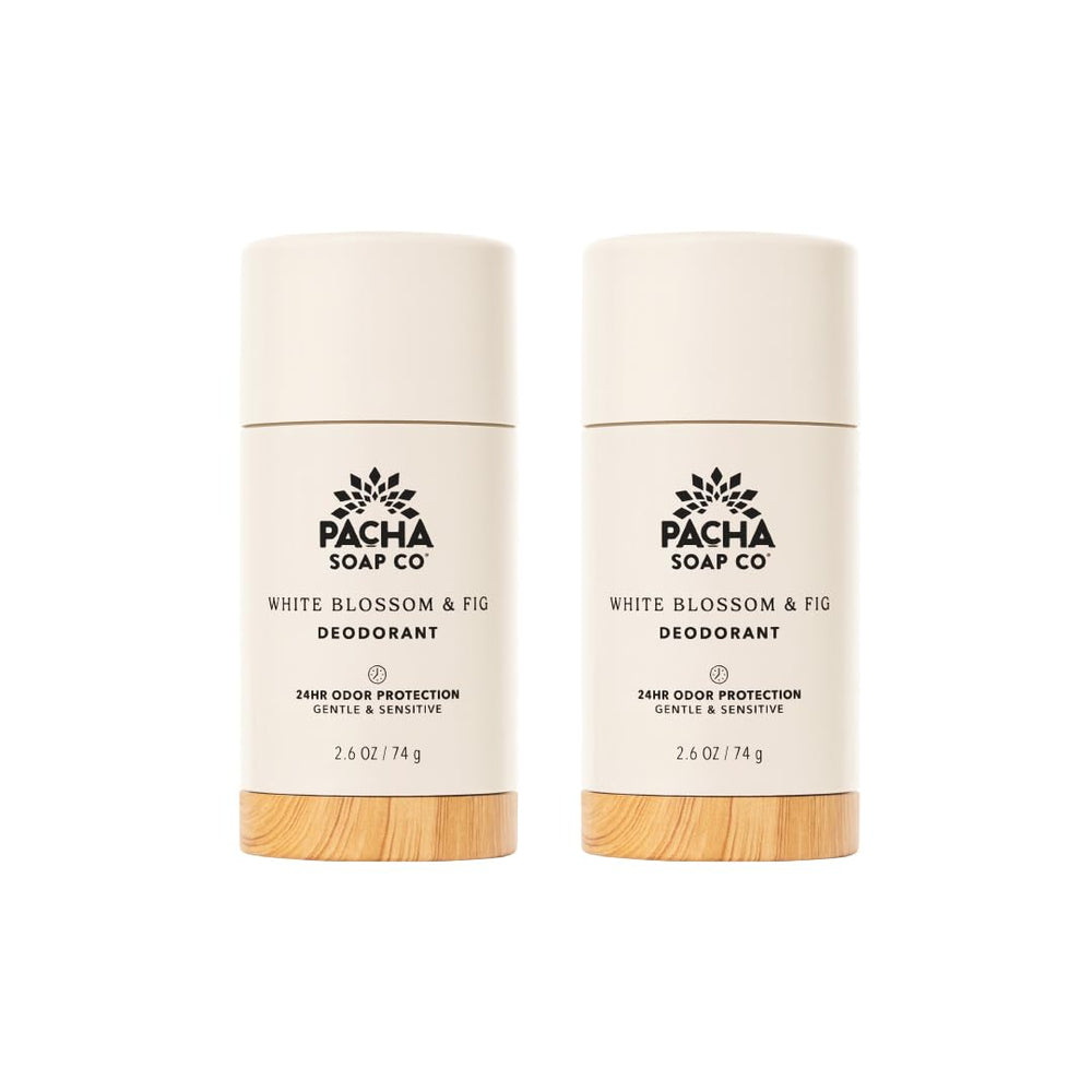 Pacha Soap Co White Blossom & Fig deodorant pack showcases gift-ready packaging.