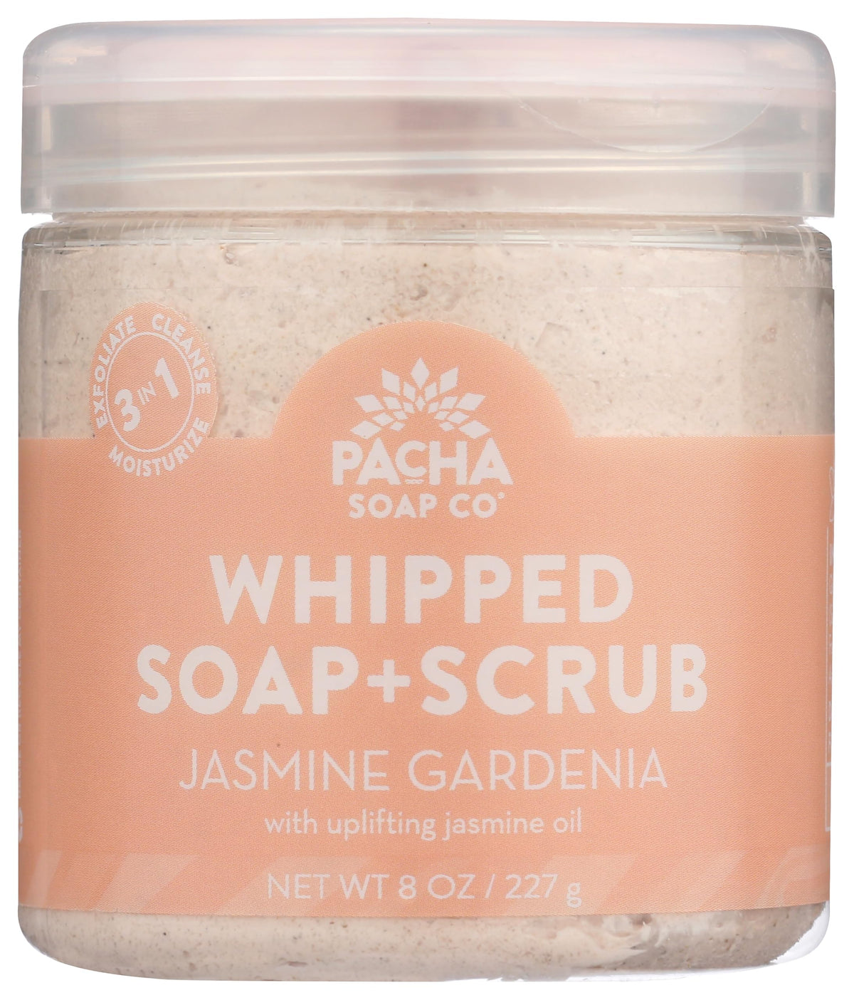 Pacha Soap Co Jasmine Gardenia whipped soap in 8 oz bottle for refreshing cleansing.
