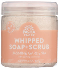 Pacha Soap Co Jasmine Gardenia whipped soap in 8 oz bottle for refreshing cleansing.