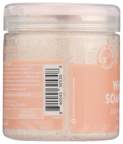Pacha Soap Co Jasmine Gardenia whipped soap jar application showing creamy consistency.
