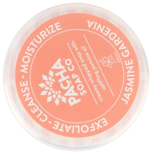 Pacha Soap Co Jasmine Gardenia whipped soap packaging emphasizing eco-friendly box.