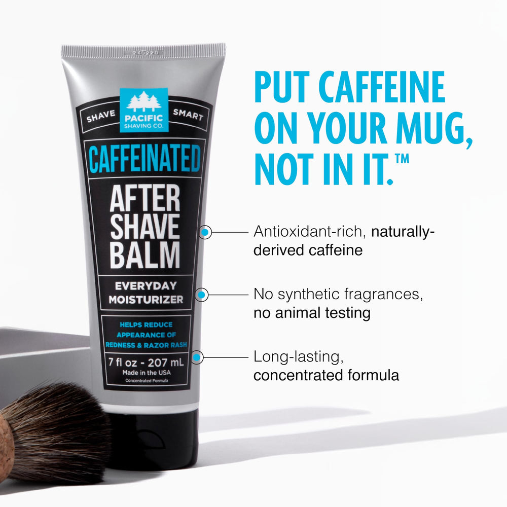 Pacific Shaving caffeinated aftershave being poured for refreshing hydration after shaving