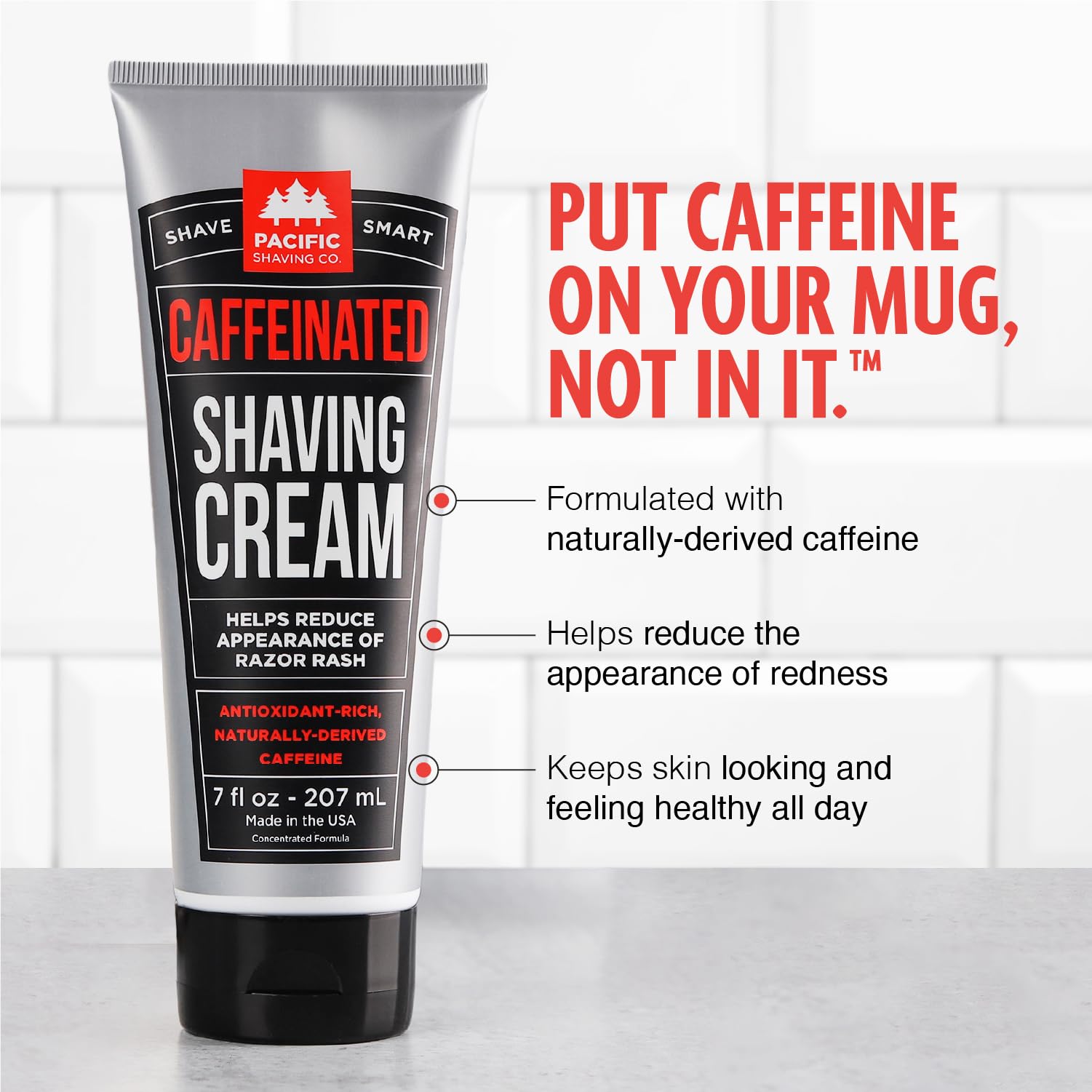 Pacific Shaving Company caffeinated shaving cream label highlights caffeine and shea butter benefits