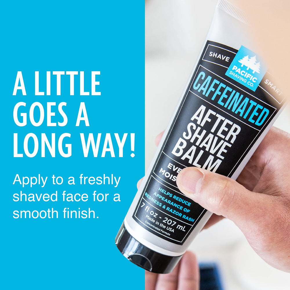 Travel-size caffeinated aftershave bottle by Pacific Shaving Company for easy packing.