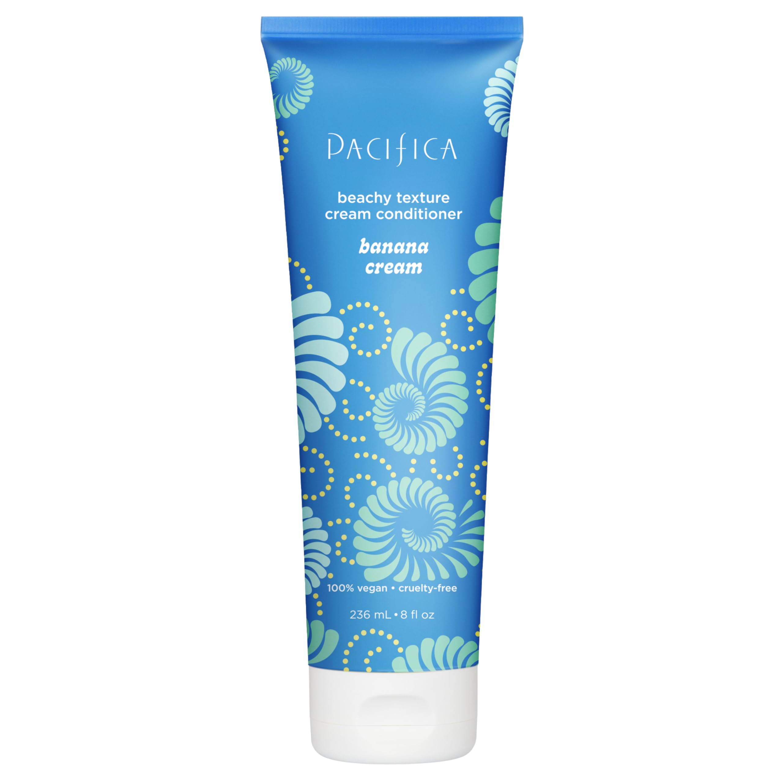 Pacifica Banana Cream Beachy Texture Conditioner bottle shows beachy waves for casual styling.