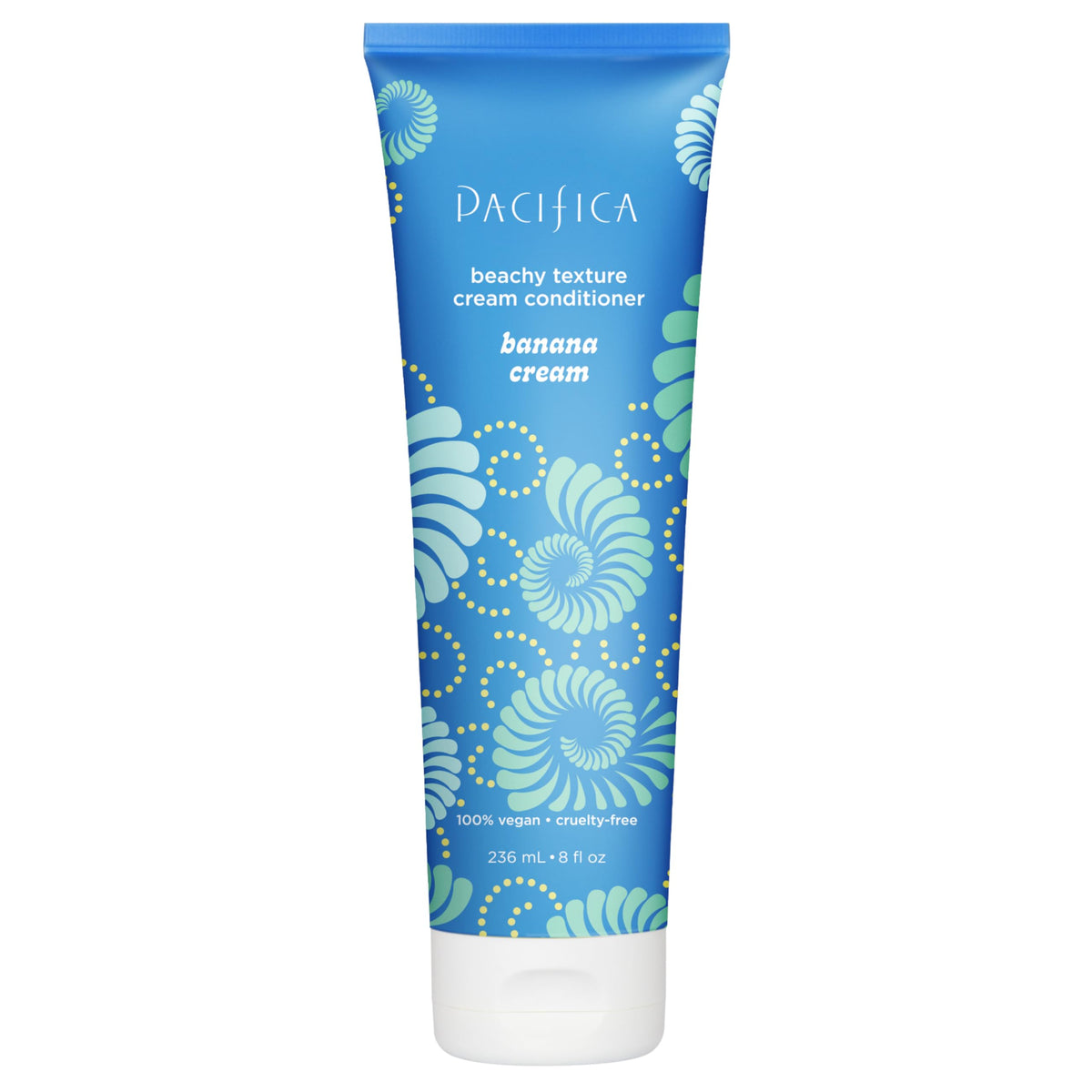 Pacifica Banana Cream Beachy Texture Conditioner bottle shows beachy waves for casual styling.