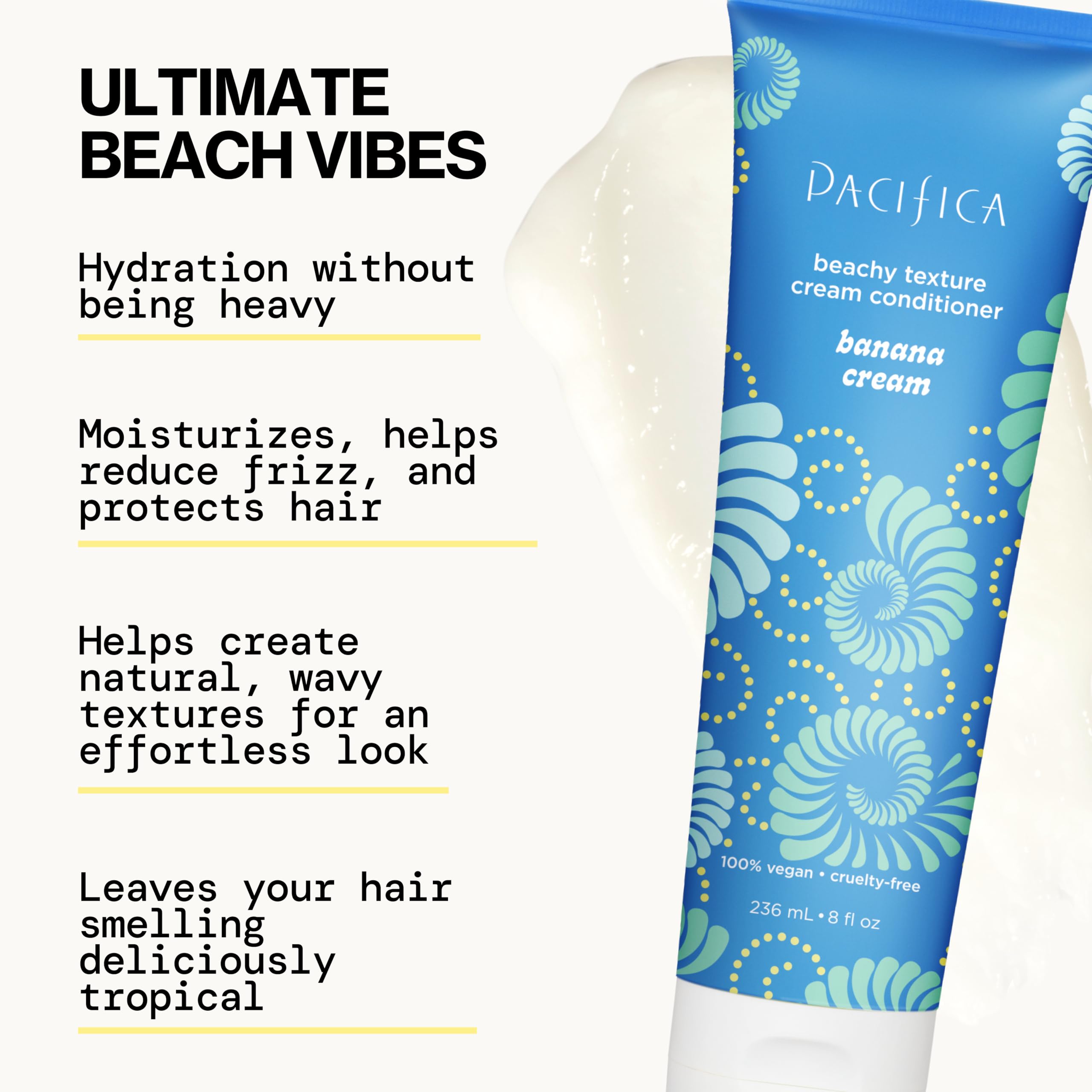 Pacifica Banana Cream Beachy Texture Conditioner fragrance hints at tropical banana scent.