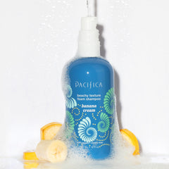 Pacifica Banana Cream Texture Foam Shampoo bottle close-up showing beachy volume