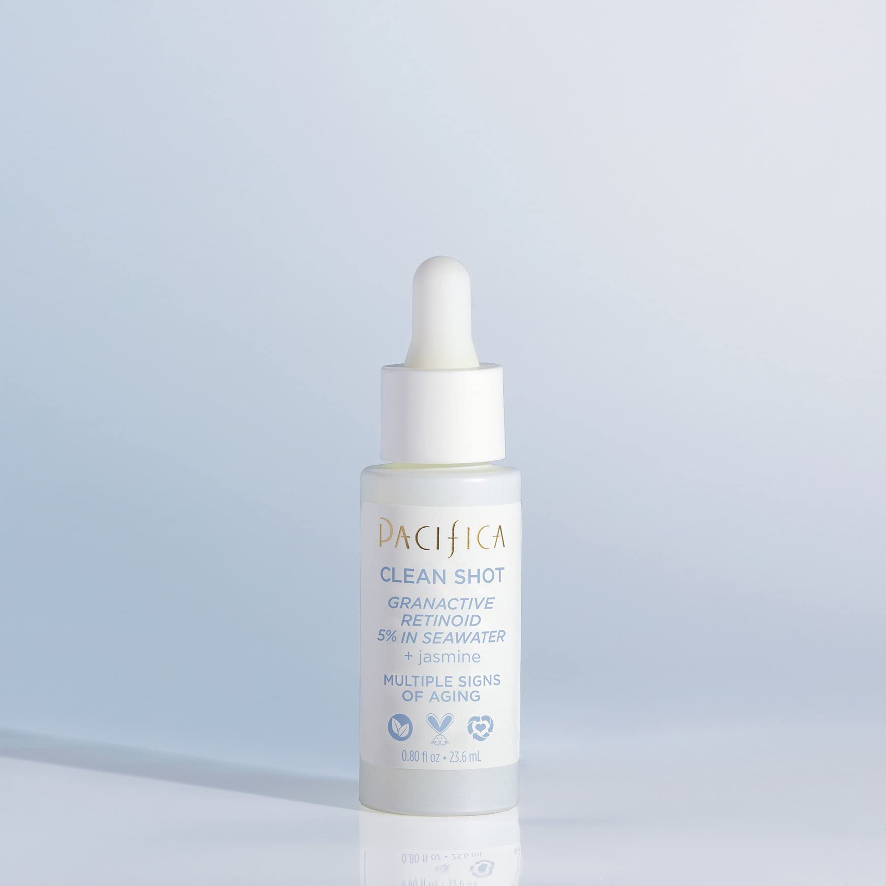 Pacifica Clean Shot packaging emphasizes barrier-free formula design.