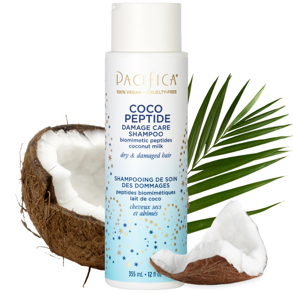 Pacifica Coco Peptide Damage Care Shampoo bottle showing silicone-free formula for damaged hair