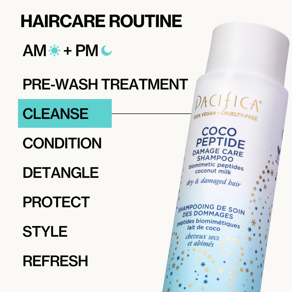 Pacifica Coco Peptide Damage Care Shampoo packaging closeup underscores recyclable materials