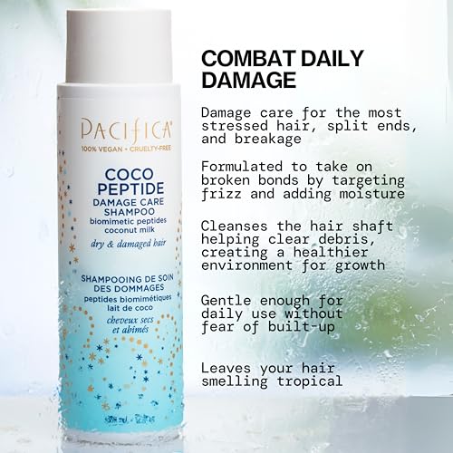 Pacifica Coco Peptide Damage Care Shampoo split-ends closeup shows smoothing and reduced breakage