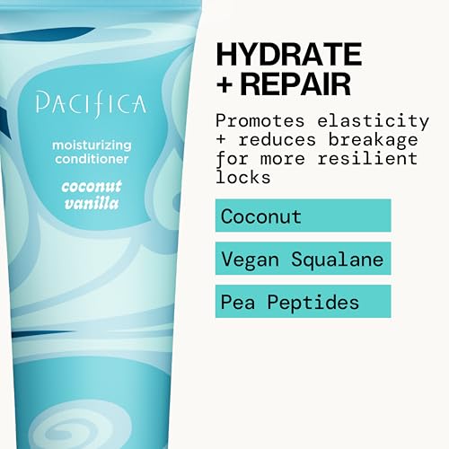 Pacifica Coconut Vanilla Conditioner creamy texture close-up highlights rich moisture.