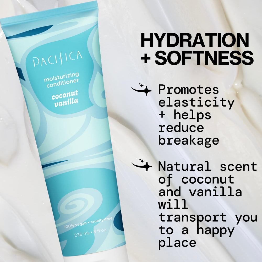 Pacifica Coconut Vanilla Conditioner smooth frizz control on hair.