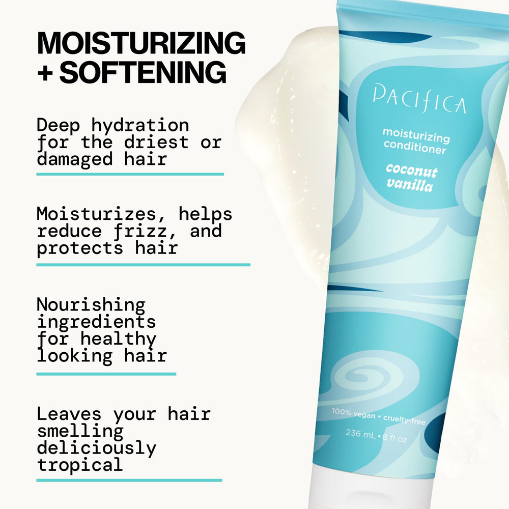 Pacifica Coconut Vanilla Conditioner coconut oil and vitamin B5 ingredients close-up.