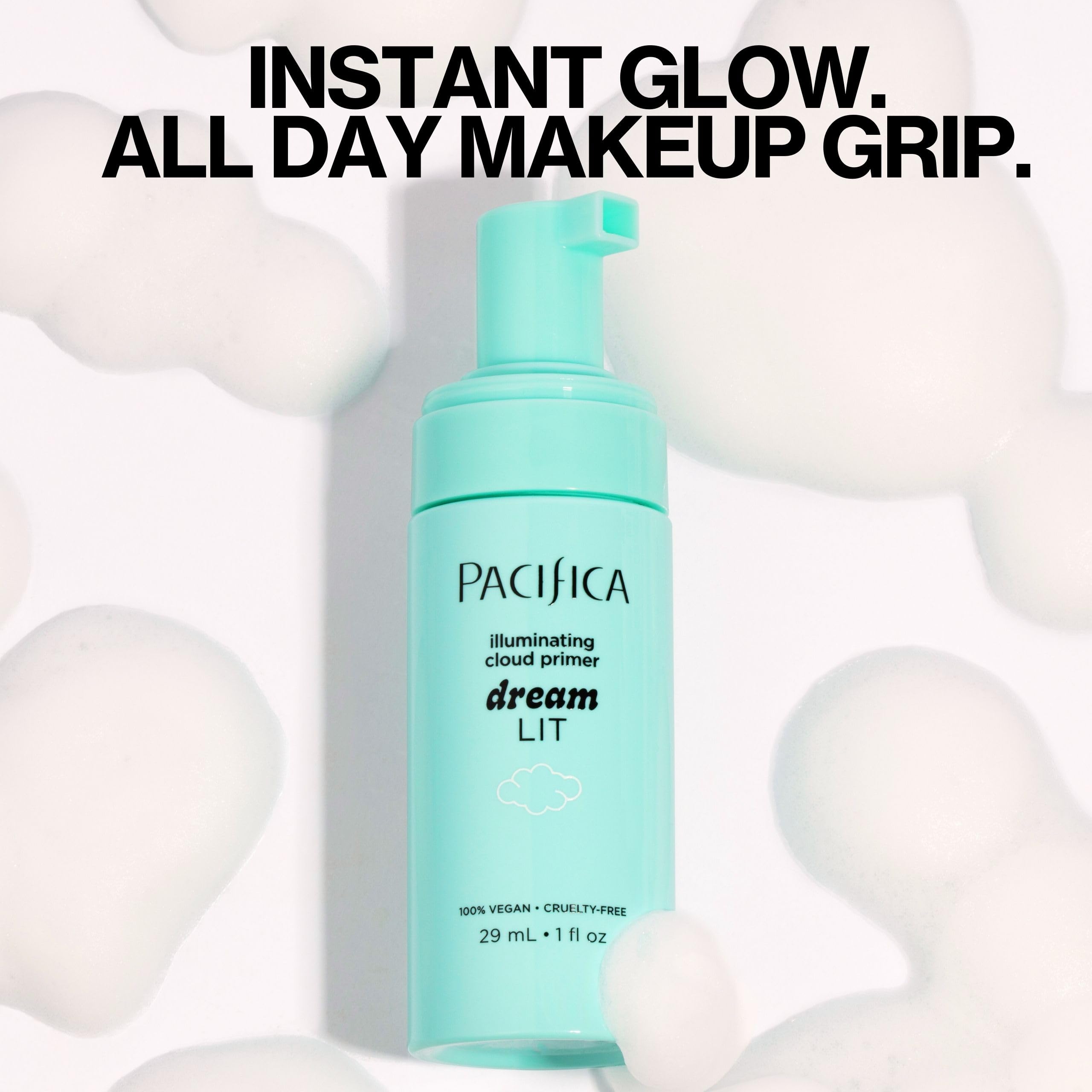 Dreamlit foam primer being dispensed shows airy texture that grips makeup for long wear