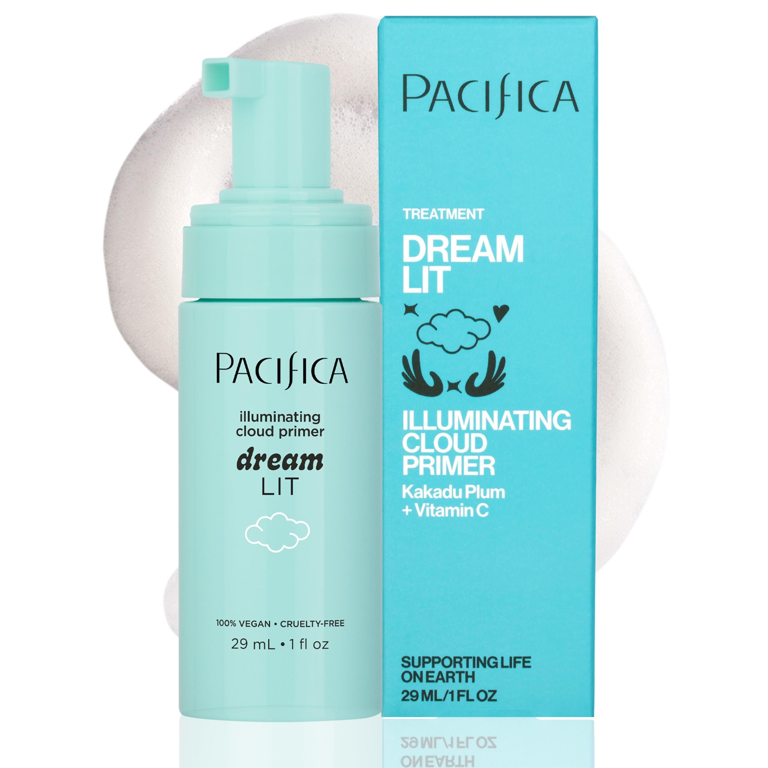 Pacifica Dreamlit Illuminating Cloud Primer bottle glowing for radiant, makeup-ready skin