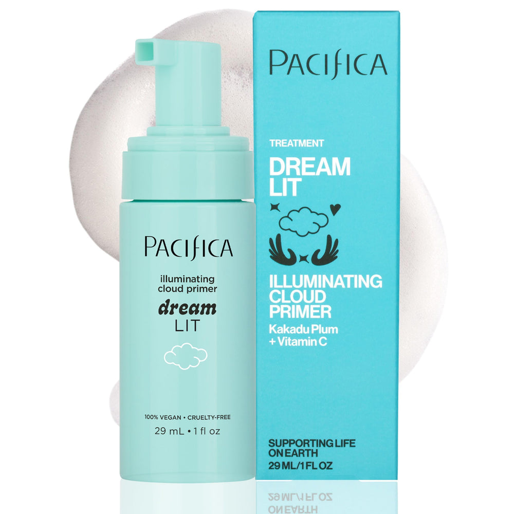 Pacifica Dreamlit Illuminating Cloud Primer bottle glowing for radiant, makeup-ready skin