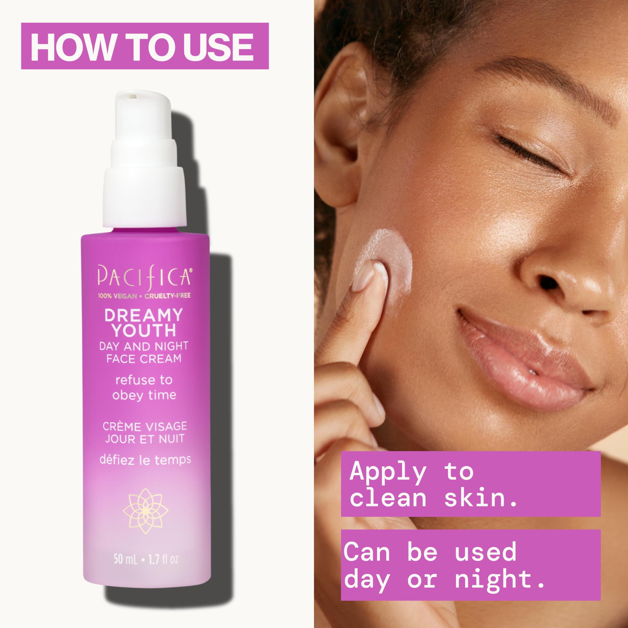 Pacifica Dreamy Youth Face Cream with rose extract and shea butter nourishes pores.